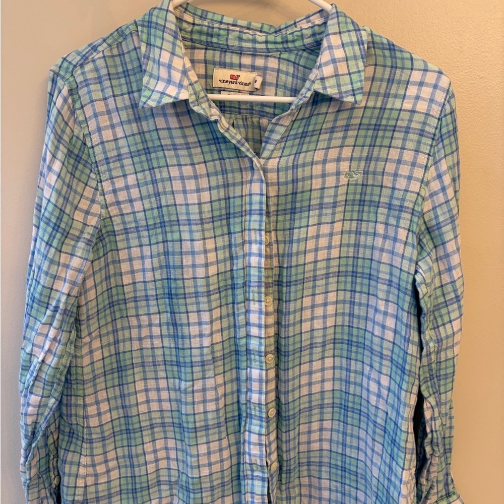 Woman's vineyard vine blue green plaid linen relaxed button down shirt size 8